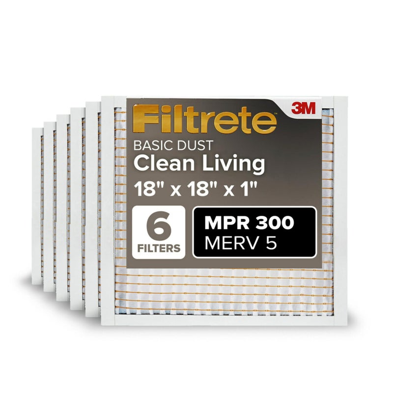Filtrete 18x18x1 Air Filter, MPR 300, MERV 5, Clean Living Basic Dust 3-Month Pleated 1-Inch Air Filters, 6 Filters, White - Image 1